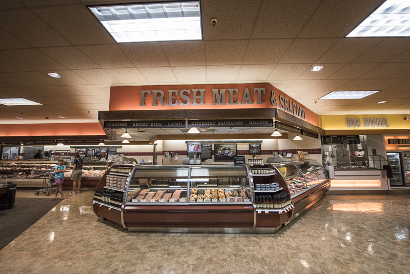 A meat and seafood counter.