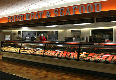 A meat and seafood section.