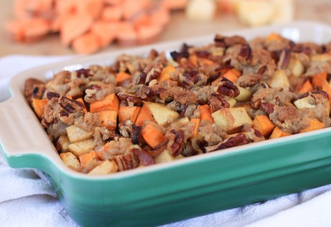Bacon and Apple Sweet Potato Casserole with Pecan Streusel