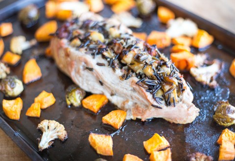 One-Pan Wild Rice Stuffed Pork Loin with Root Vegetables