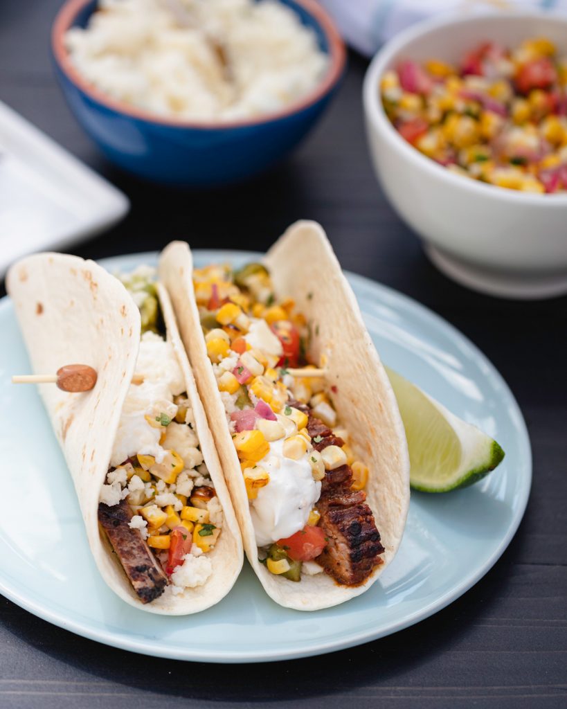 GRILLED CHIPOTLE STEAK TACOS WITH GRILLED CORN SALSA