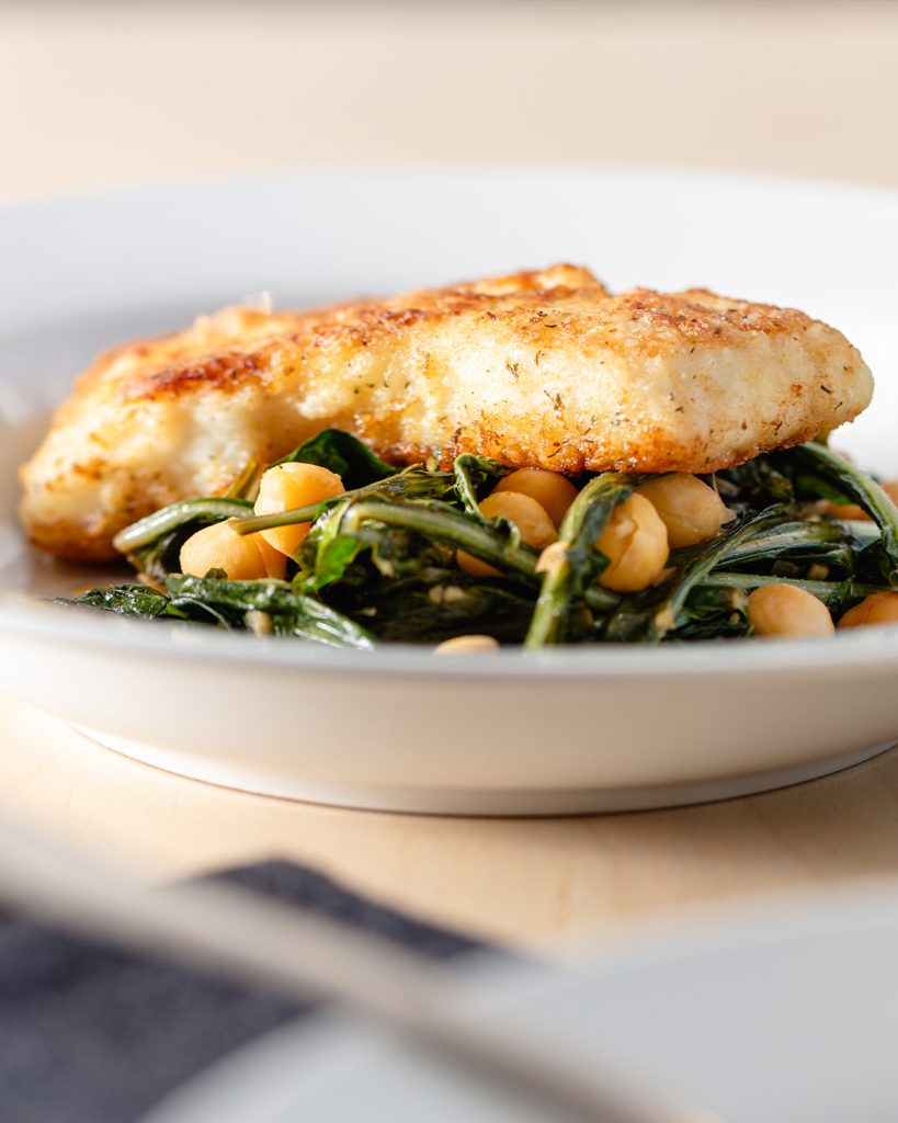 Pan-Fried Halibut With Chickpeas & Dandelion Greens
