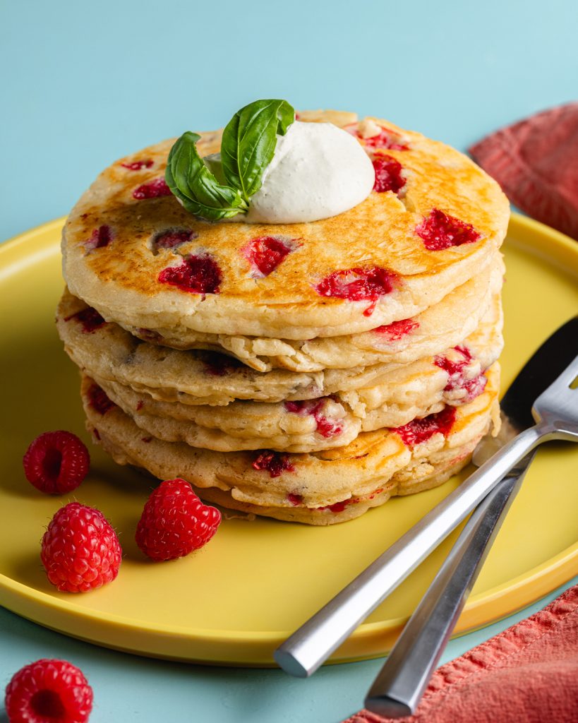 Raspberry Pancakes with Basil Whipped Cream